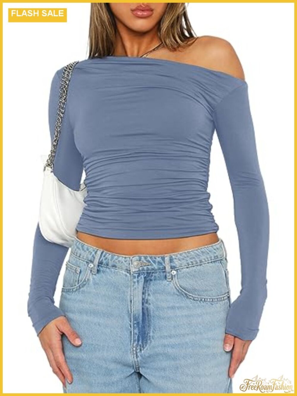 Off Shoulder Slim Fit Crop Top Long Sleeve Ruched Y2K Going Out Blouse